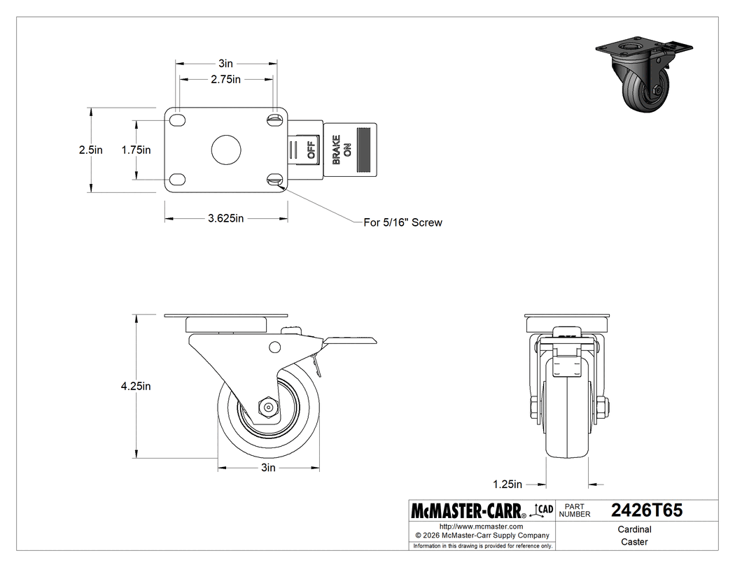 Technical Drawing of Cardinal Caster, Swivel with Total Lock and 3" Diameter Rubber Wheel.